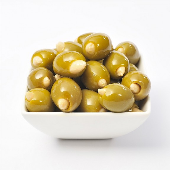 Almond Stuffed Colossal Olives in a blend of Sunflower Oil and Extra